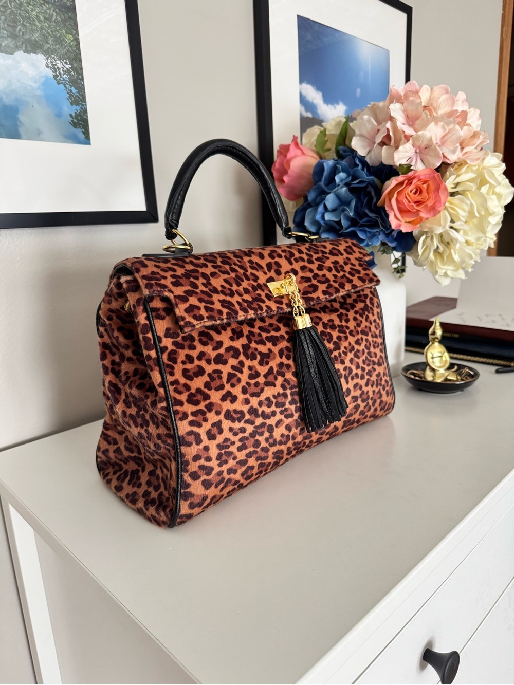 Leopard Print Top-Handle Satchel with Black Tassel